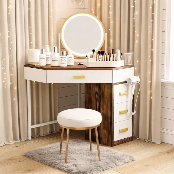 Fnova Corner Makeup Desk, Triangle Computer Desk with 4 Drawers, 90-Degree Writing Desk PC Table, Vanity Desk with Storage for Home Office, Living Room, Bedroom (Mirror not Included)