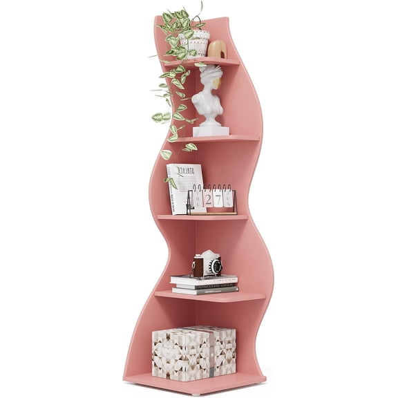 Tribesigns Corner Shelf, Modern 5-Tier Corner Bookcase Storage Rack with Unique Shape for Living Room (Pink)