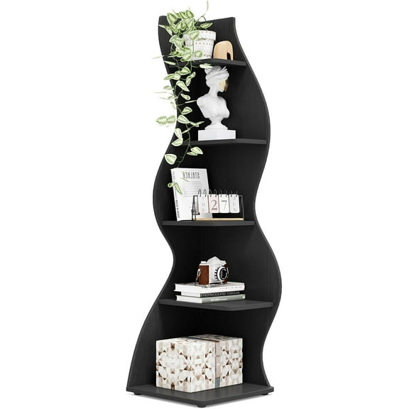 Tribesigns Corner Shelf, Modern 5-Tier Wall Corner Bookshelf, Stylish Corner Small Bookcase Storage Rack Plant Stand with Unique Shape for Living Room, Home Office, (Black)