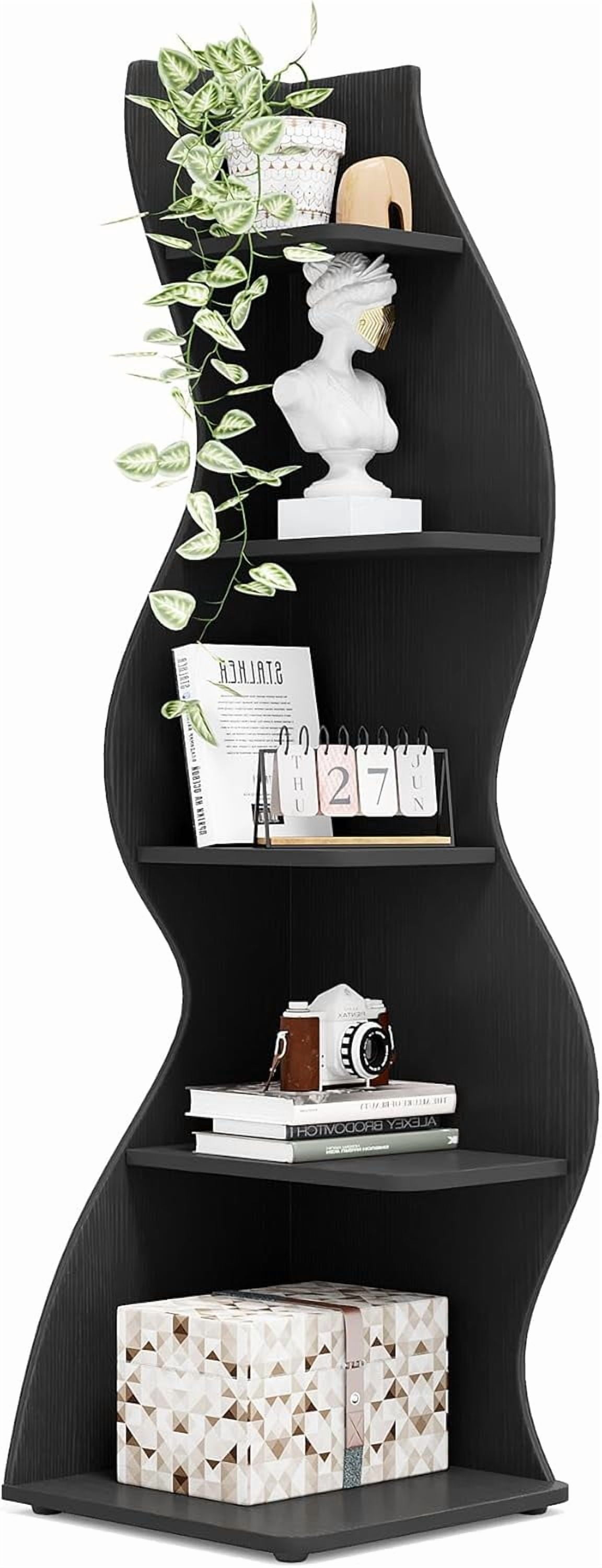 Tribesigns Corner Shelf, Modern 5-Tier Wall Corner Bookshelf, Stylish Corner Small Bookcase Storage Rack Plant Stand with Unique Shape for Living Room, Home Office, (Black)