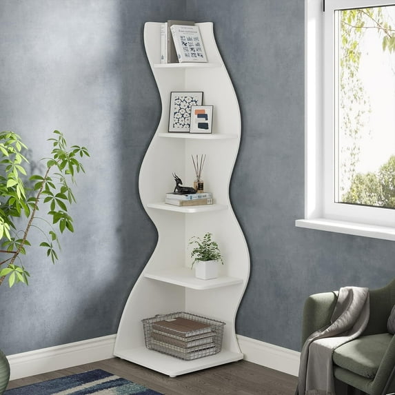 Tribesigns Corner Shelf, Modern 5-Tier Corner Bookshelf, Stylish Corner Bookcase Plant Stand (White)