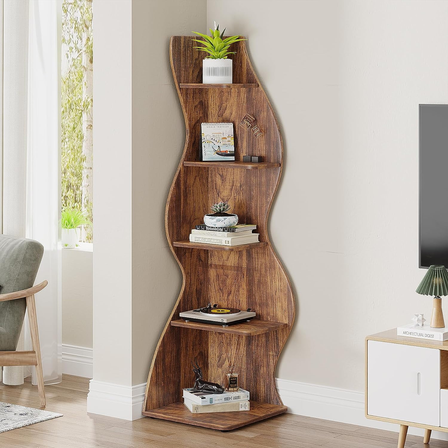 Tribesigns Corner Shelf Rustic 5 Tier Wall Corner Bookshelf Stylish Corner Small Bookcase Storage Rack Plant Stand Walmart