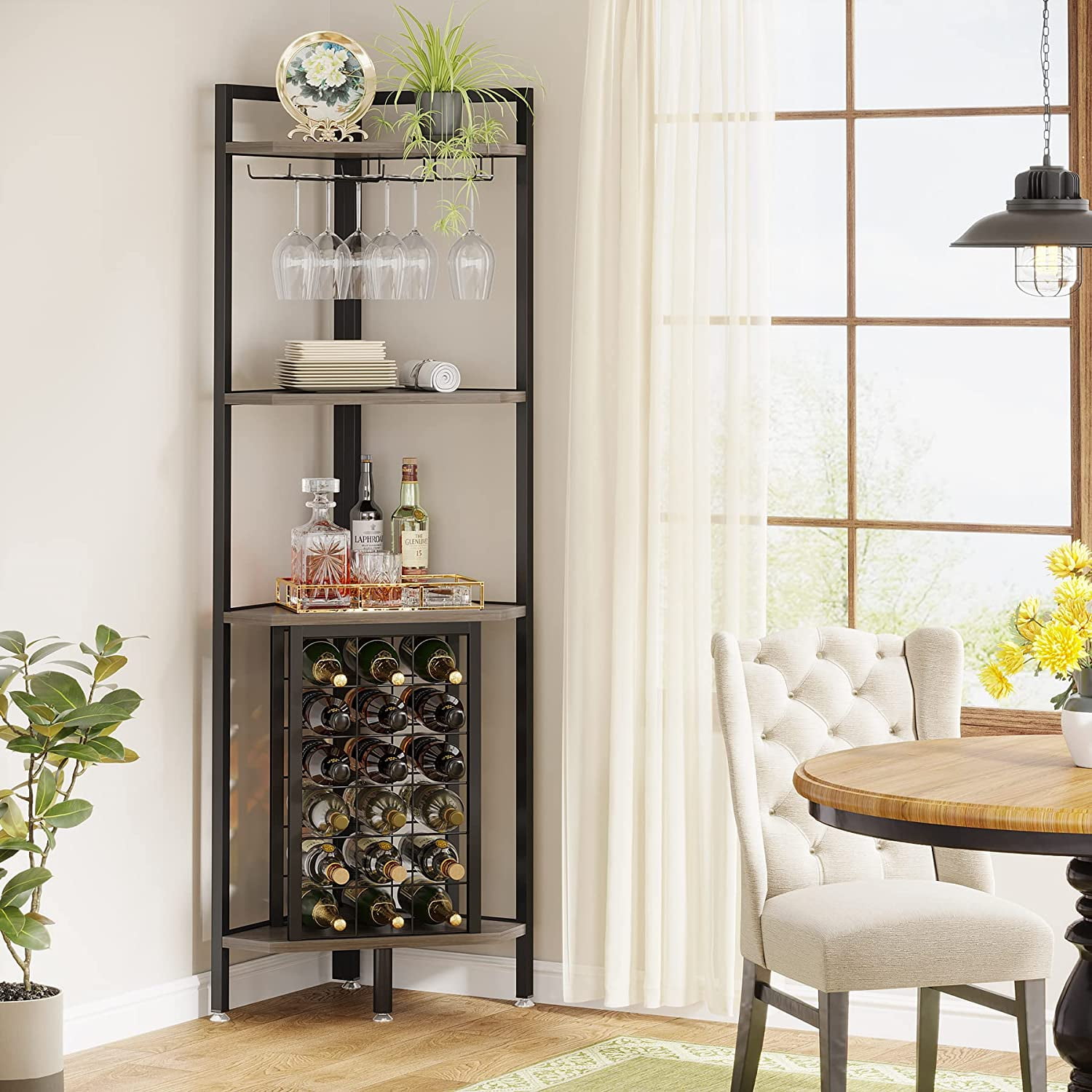 Tribesigns Corner Wine Rack with Glass Holder and Storage Shelf,4 Tier