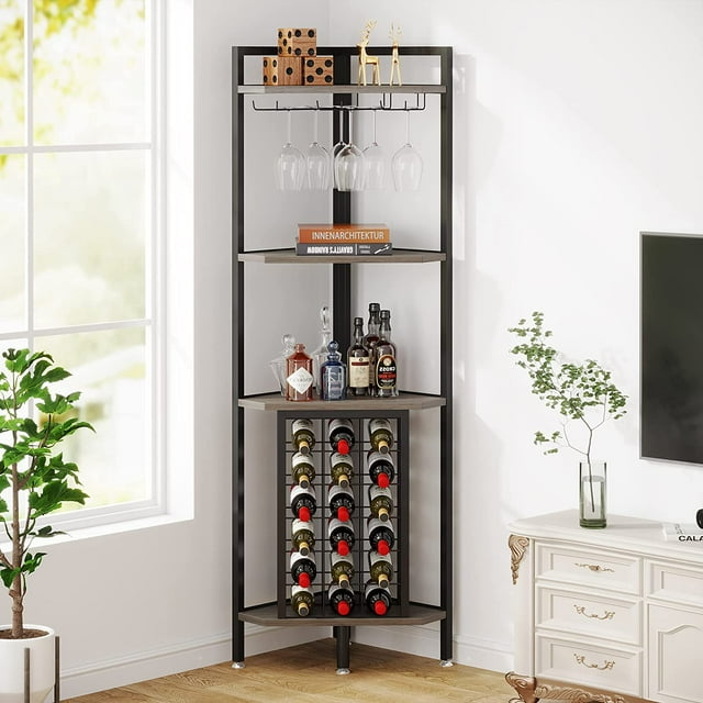 Tribesigns Corner Wine Rack with Glass Holder and Storage Shelf,4 Tier