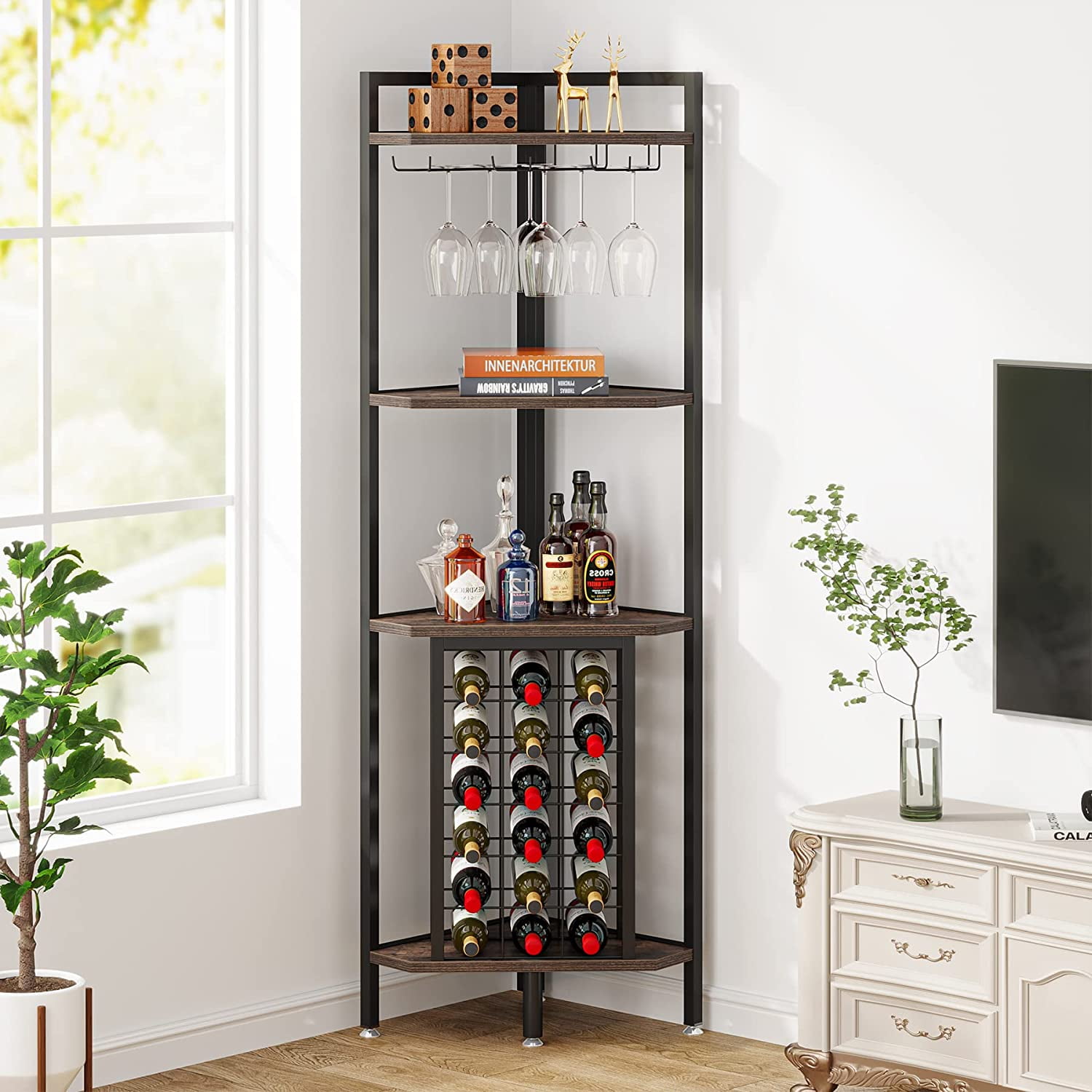 Tribesigns Corner Wine Rack with Glass Holder and Storage Shelf, Industrial  4 Tier Corner Bar, Corner Shelf 
