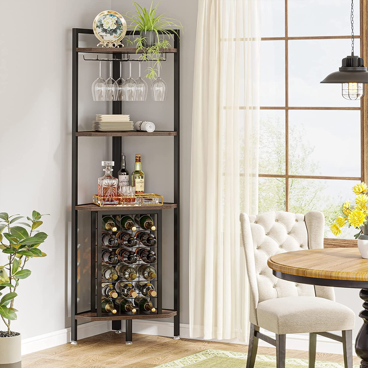Tribesigns Corner Wine Rack with Glass Holder and Storage Shelf Rustic Freestanding 4 Tier Wine Rack for Dining Room Brown