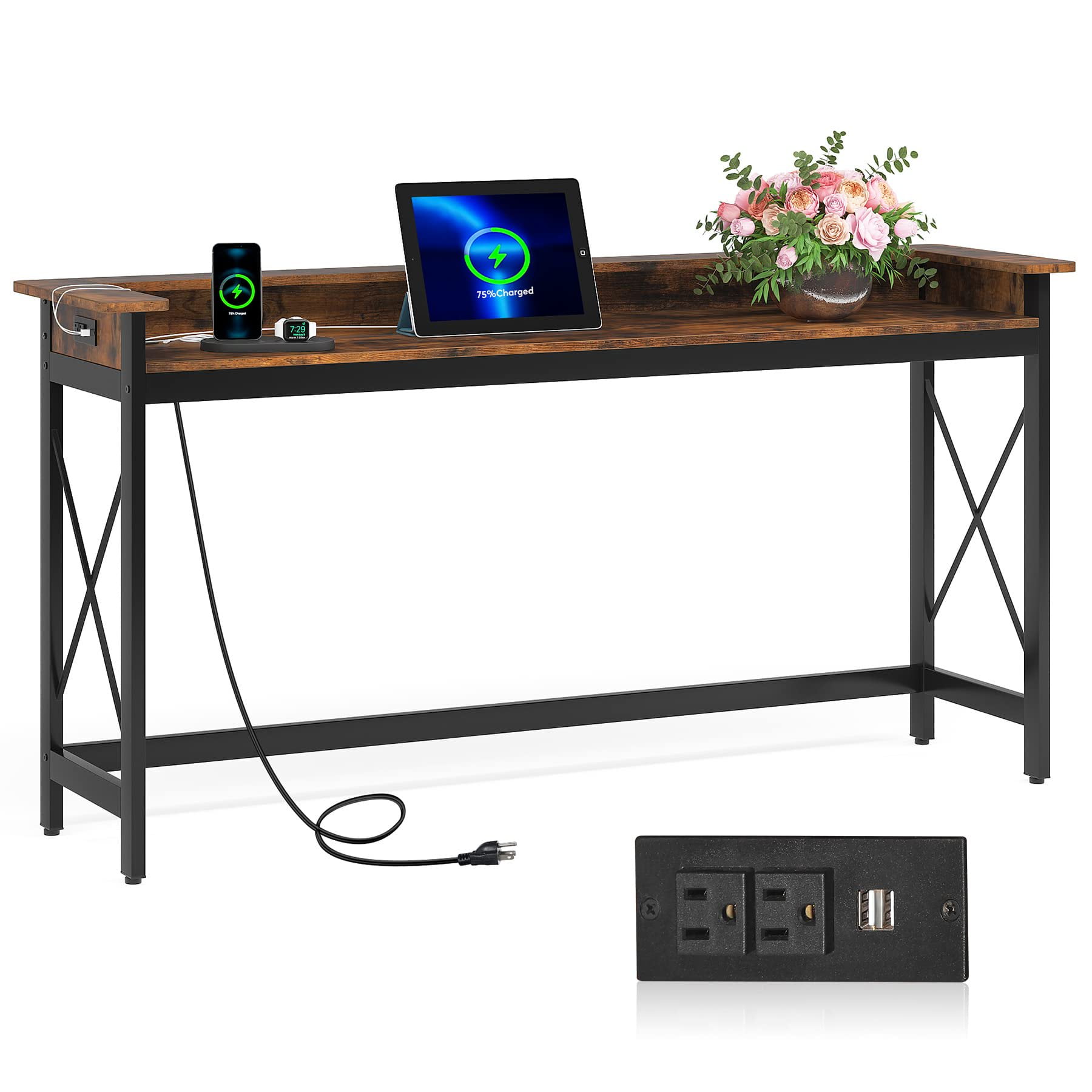 Brown Wood and Metal Console Table with Charging Ports, 70.9 inch
