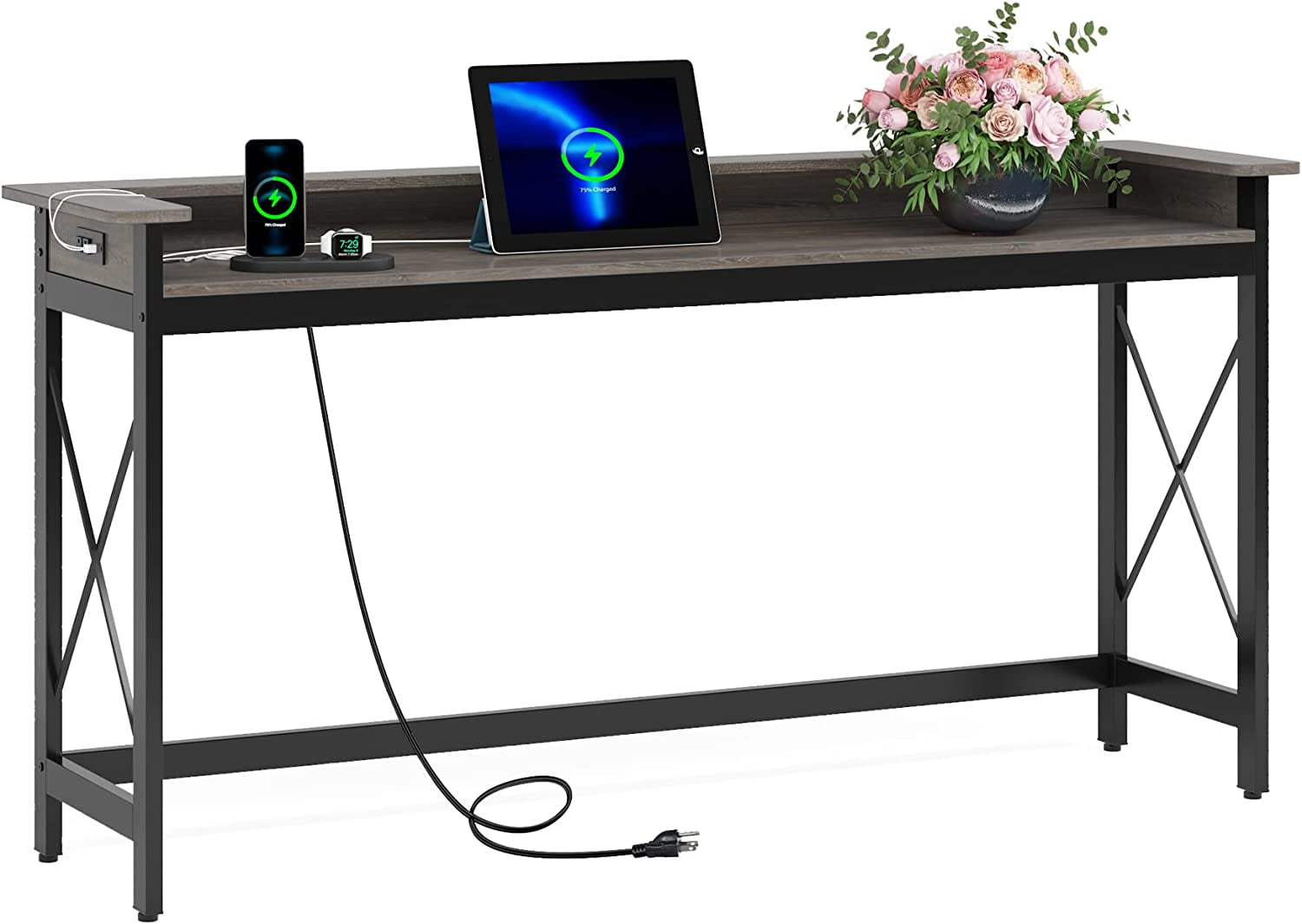 Gray 70.9'' Industrial Wood and Metal Console Table with USB Ports