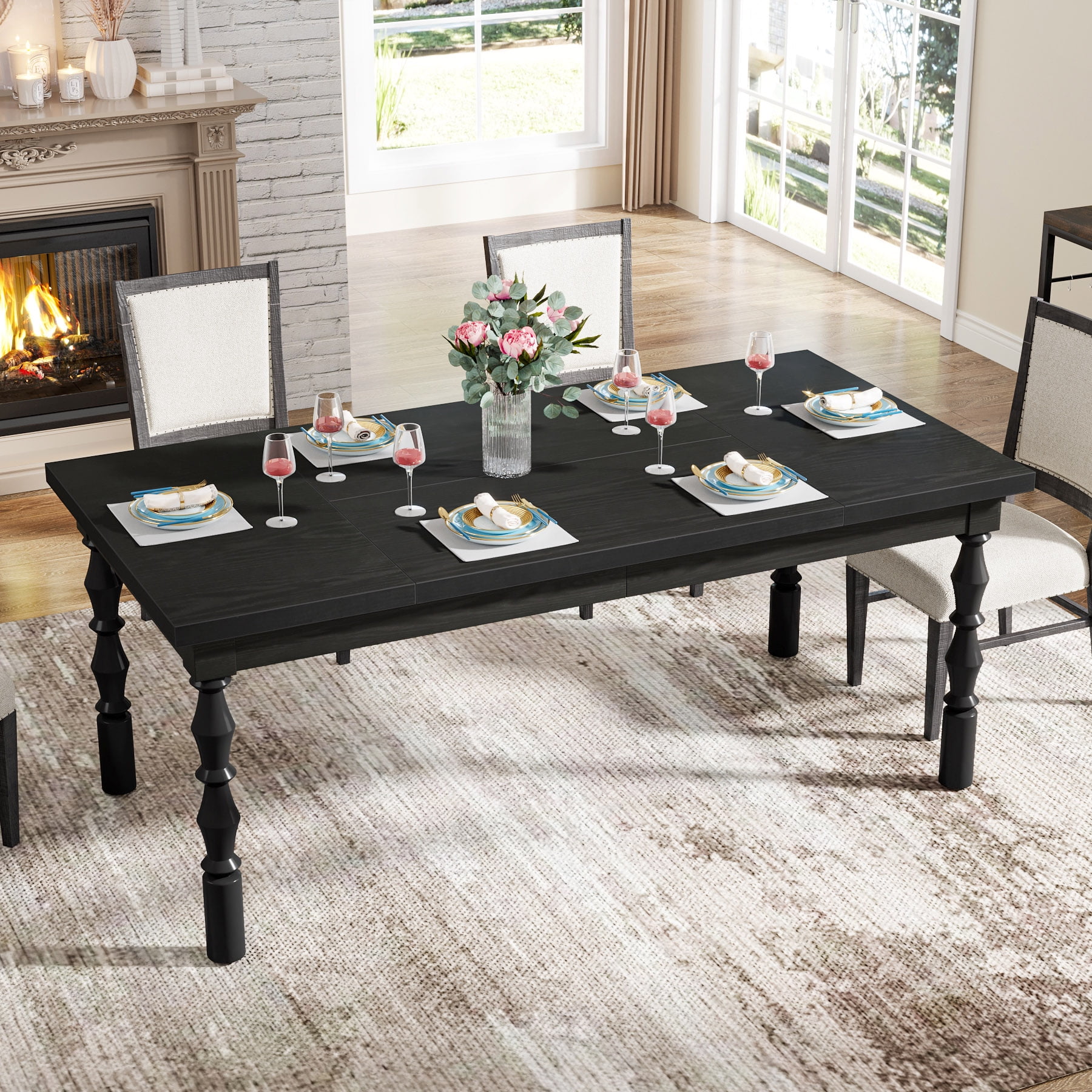 Tribesigns Dining Table, 62 in. Large Farmhouse Kitchen Table for 4-6, Rectangle Dinner Table Breakfast Table Kitchen & Dining Room Furniture with Carved Turned Legs