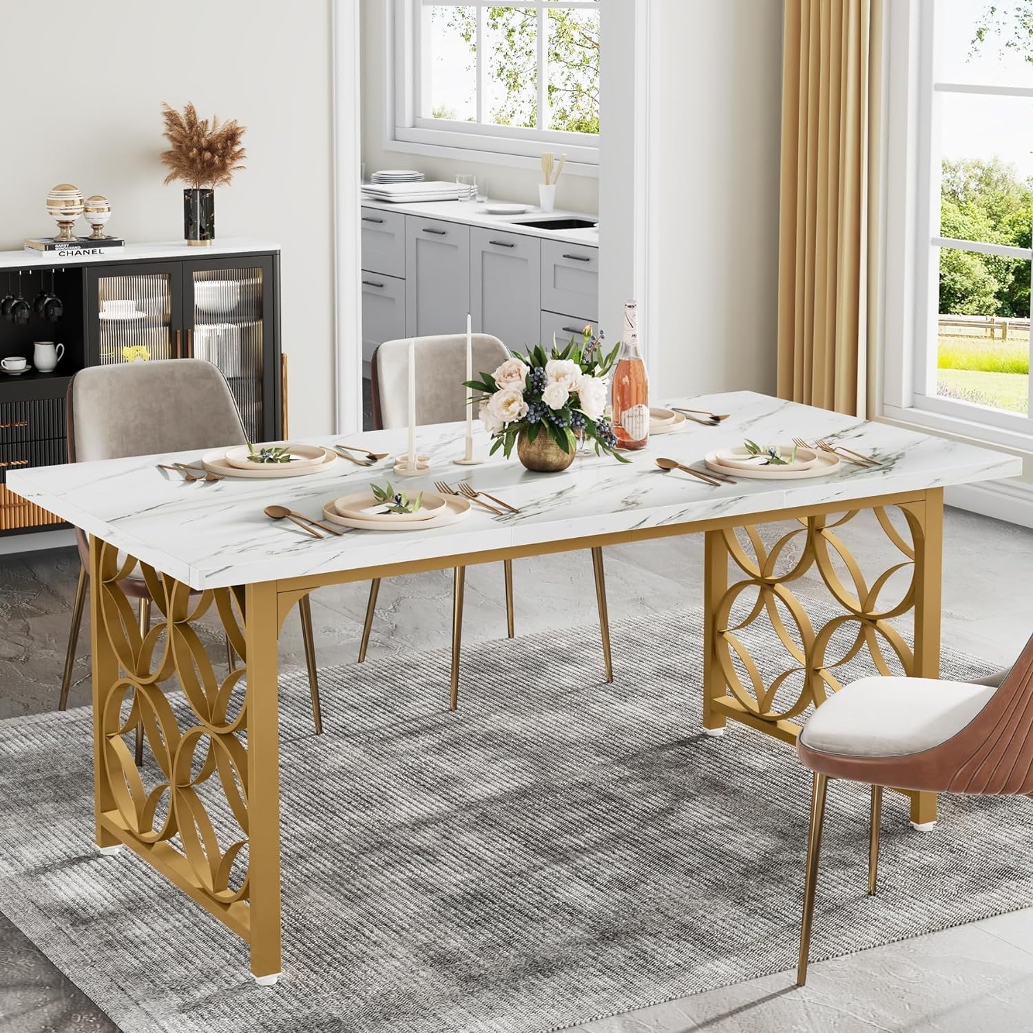 TribeSigns 63-inch Modern Marble Dining Table, Rectangular, Gold Metal ...