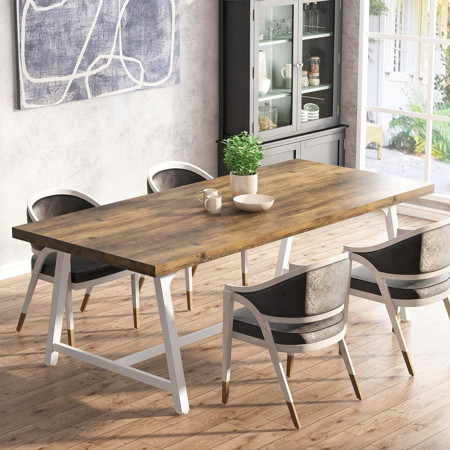 HOMCOM 70.9" Industrial Dining Table For 8 - Rustic Brown Rectangular Kitchen Table With Steel Legs
