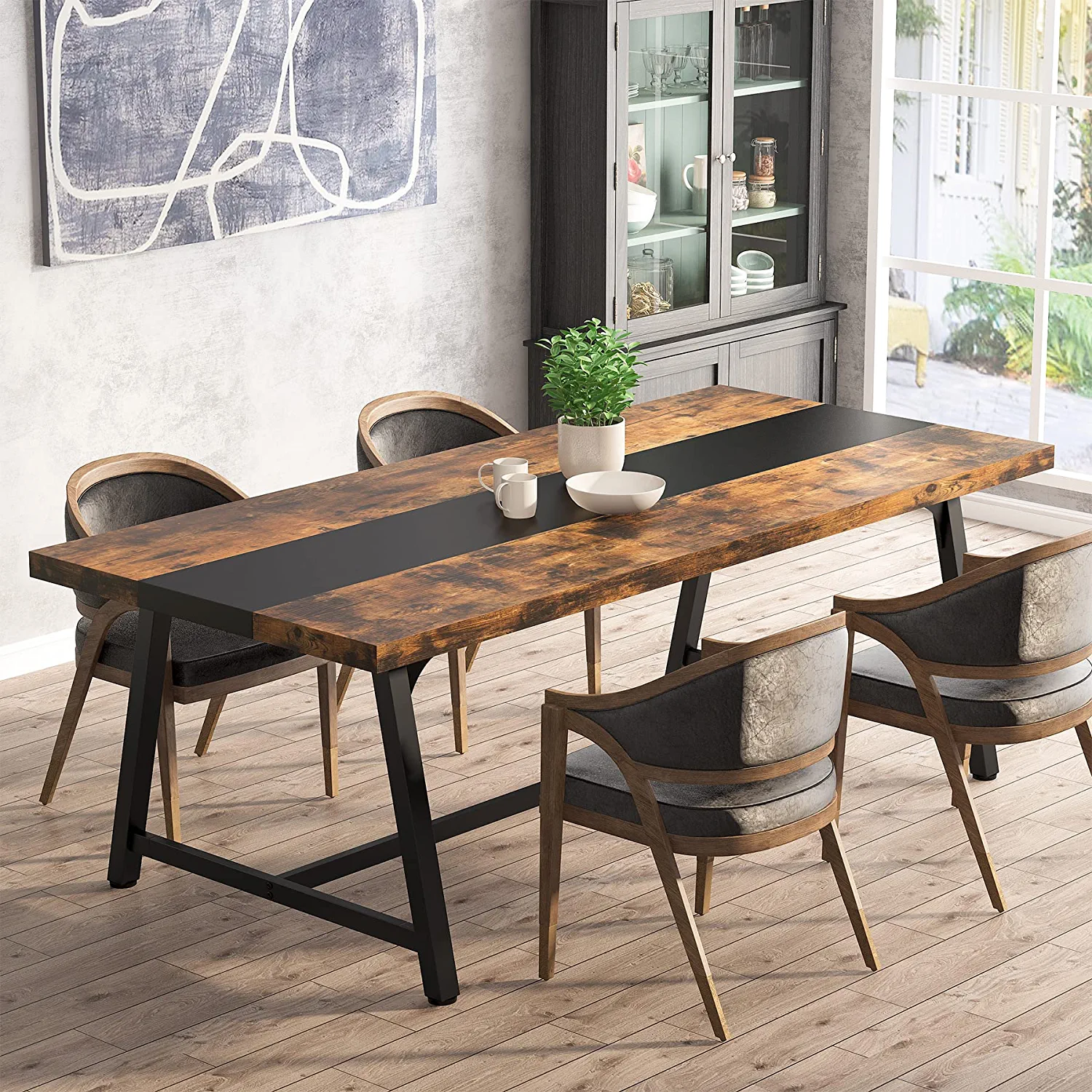 Tribesigns Dining Table for 8 People Rectangular 70.9 inch Wood Kitchen Table with Metal Frame Rustic Brown
