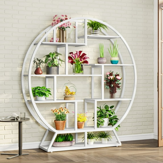 Tribesigns Display Bookshelf, Round Shaped Bookcase Etagere Shelves, Industrial Retro Organizer Rack Shelf with 14 Shelving Units