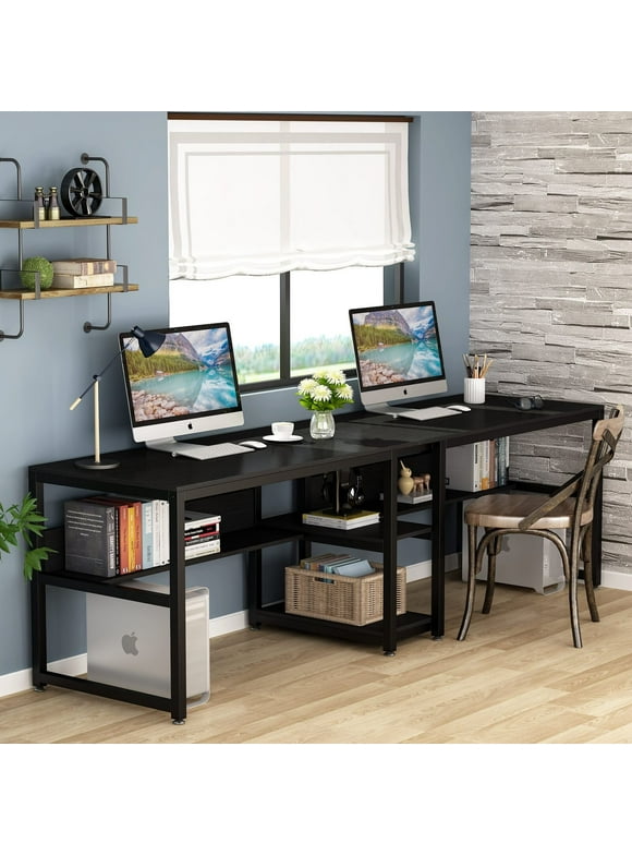 Tribesigns Double Computer Working Desk with Open Bookshelves, 78.7" Two Person Table, Black