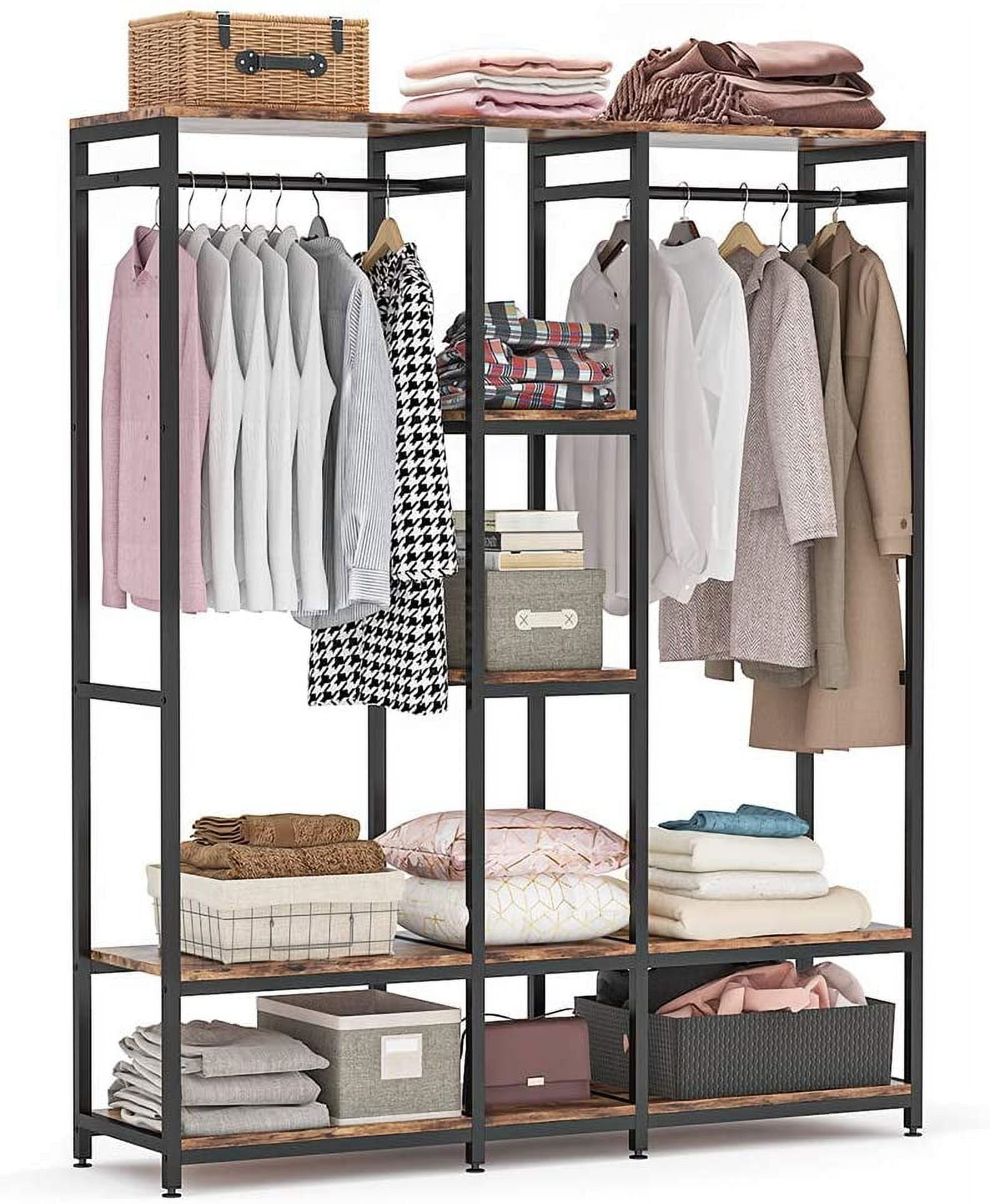 Tribesigns Freestanding Closet Organizer, Heavy Duty Clothes Closet, Extra  Large Metal Garment Rack with Shelves and Hanging Rod, Vintage Walnut Board