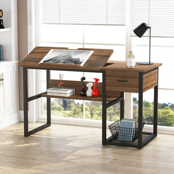 Tribesigns Drawing Computer Desk with Tiltable Tabletop, Painting Drafting Desk Workstation with Storage Shelves and Drawer for Students, Home Office