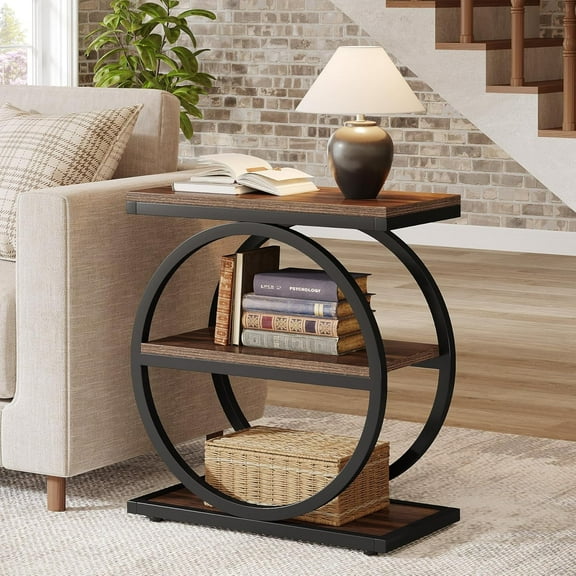 Tribesigns End Table, Narrow End Table with 3 Storage Shelves, Wood Side Table with Black Metal Frames