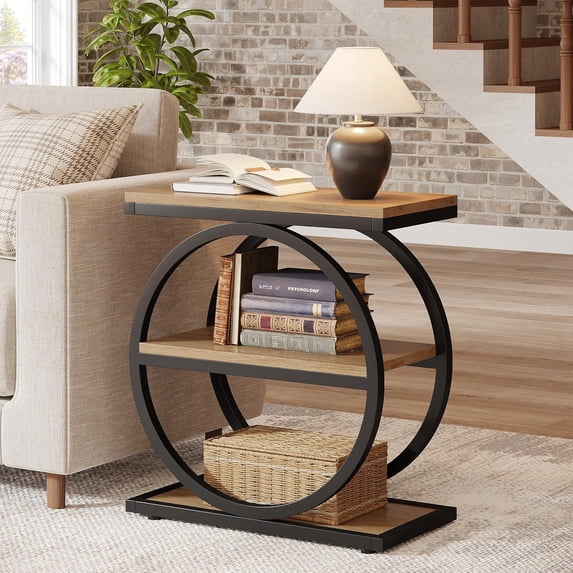 Tribesigns End Table, Narrow End Table with 3 Storage Shelves, Wood Side Table with Black Metal Frames