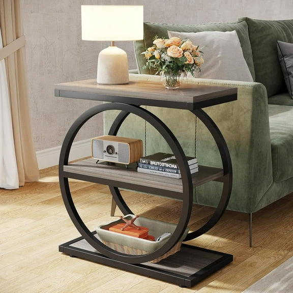 Tribesigns End Table, Narrow End Table with 3 Storage Shelves, Wood Side Table with Black Metal Frames