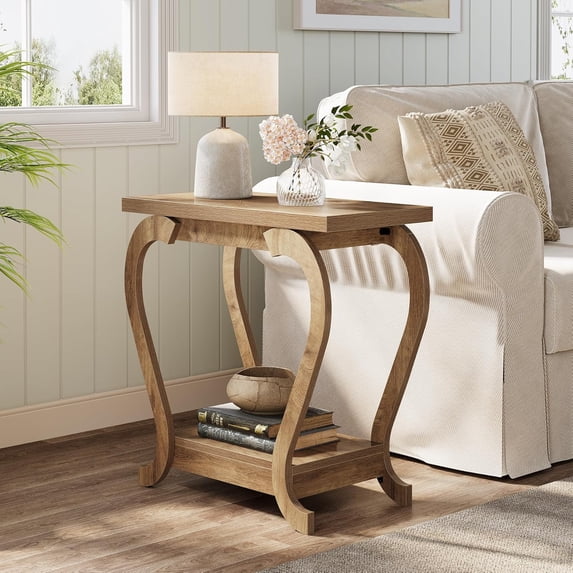 Tribesigns End Table, Narrow Wood Side Table with Storage Shelves, 2-Tier Bedside Accent Furniture for Living Room