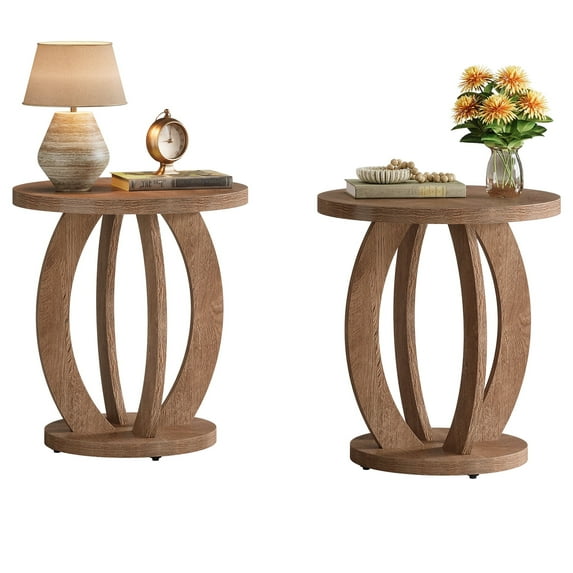 Tribesigns End Table, Round Side Table with Storage, Farmhouse Nightstand Bedside with Round Tabletop, Accent End Table for Living Room Bedroom Small Space, Rustic Brown (Set of 2)