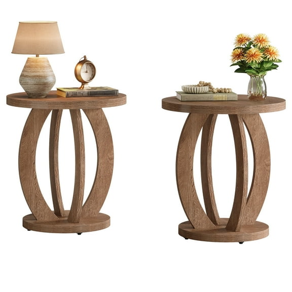 Tribesigns End Table, Round Side Table with Storage, Farmhouse Nightstand Bedside with Round Tabletop, Accent End Table for Living Room Bedroom Small Space, Rustic Brown (Set of 2)