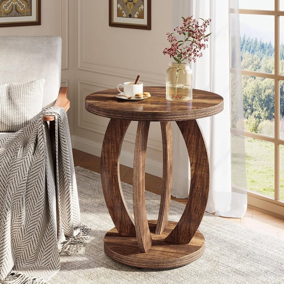 Tribesigns End Table, Round Side Table with Storage, Farmhouse Nightstand Bedside with Round Tabletop, Accent End Table for Living Room Bedroom Small Space, Wooden Accent Furniture, Rustic Brown
