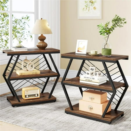 Tribesigns End Table Set of 2, Industrial Side Table with 3 Storage Shelves, Wood Sofa Side Table with Geometric Metal Frame, Rustic Brown & Black