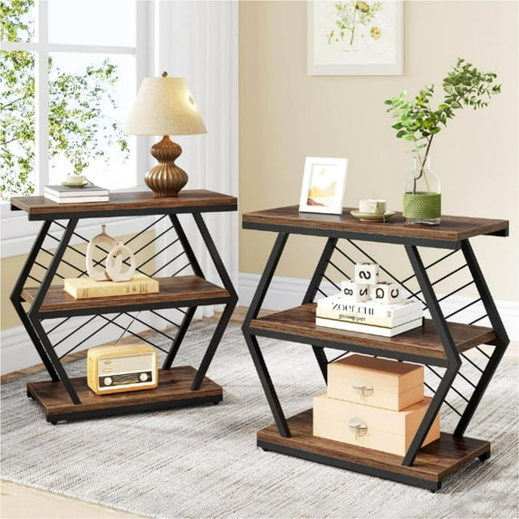 Tribesigns End Table Set of 2, Industrial Side Table with 3 Storage Shelves, Wood Sofa Side Table with Geometric Metal Frame, Rustic Brown & Black