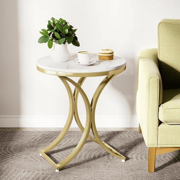 Tribesigns End Table Small Round Faux Marble Sofa Side Table, White and Gold