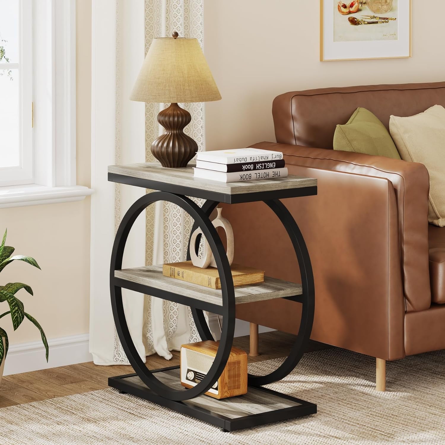Tribesigns End Table, Wood Side Table with Black Metal Frames, Narrow End Table with 3 Storage Shelves for Living Room