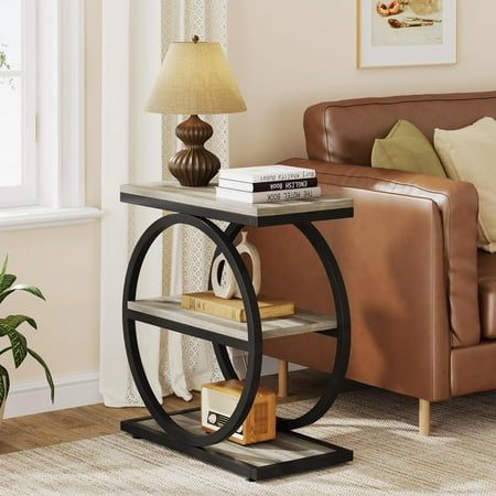 Tribesigns End Table, Wood Side Table with Black Metal Frames, Narrow End Table with 3 Storage Shelves for Living Room