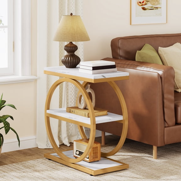 Tribesigns End Table, Wood Side Table with Black Metal Frames, Narrow End Table with 3 Storage Shelves for Living Room