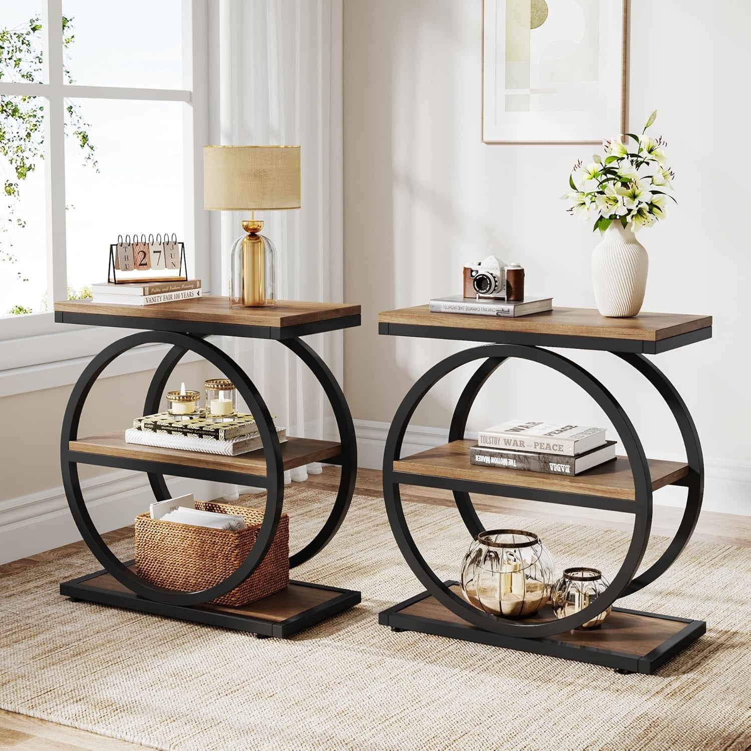 Tribesigns End Table, Wood Side Table with Black Metal Frames, Narrow End Table with 3 Storage Shelves for Living Room