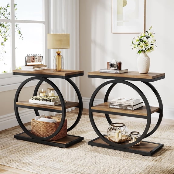 Tribesigns End Table, Wood Side Table with Black Metal Frames, Narrow End Table with 3 Storage Shelves for Living Room