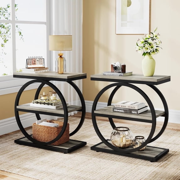 Tribesigns End Table, Wood Side Table with Black Metal Frames, Narrow End Table with 3 Storage Shelves for Living Room