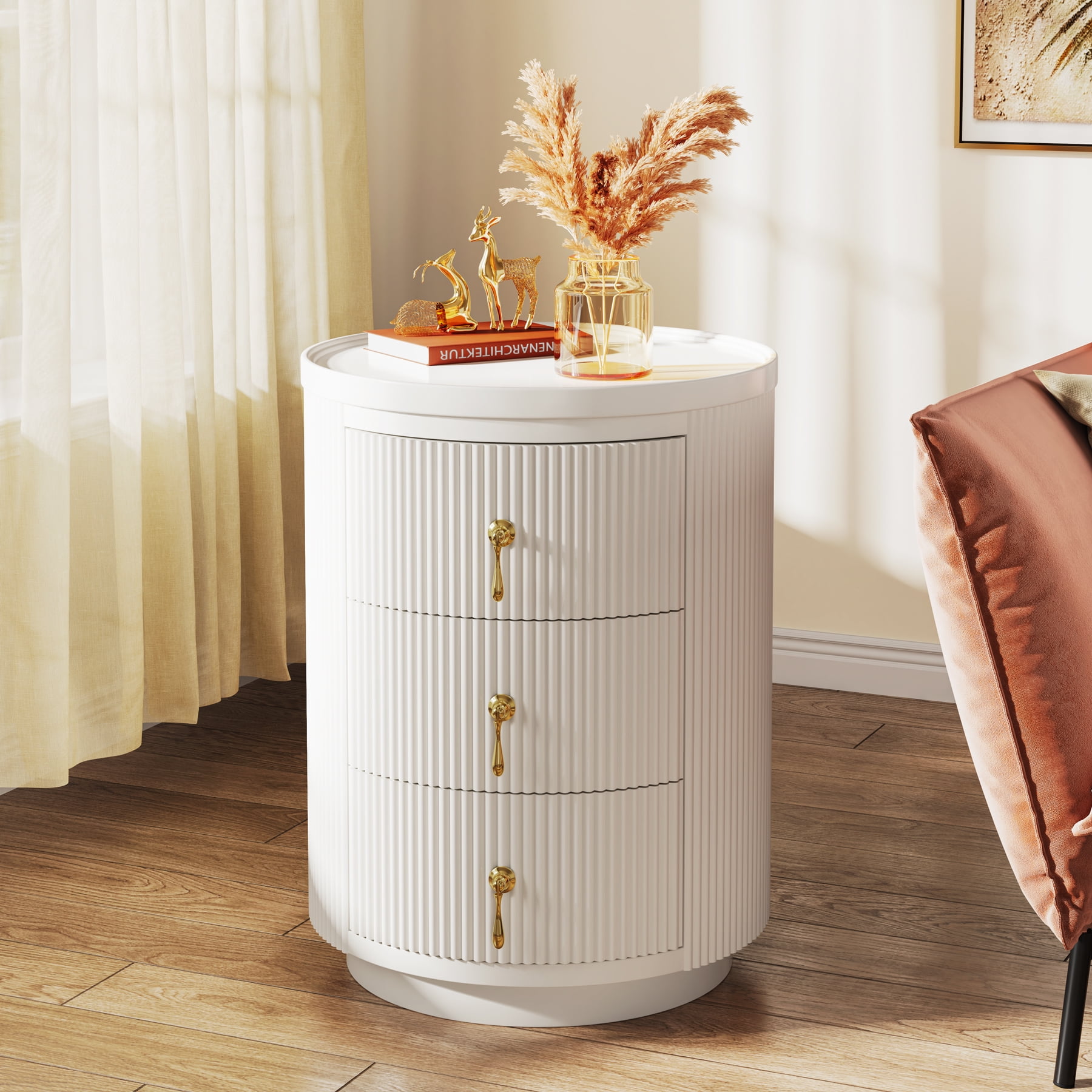 Tribesigns End Table with 3 Drawers White Round Side Table for Living Room Bedside Table NightStand for Bedroom with Storage No Assembly
