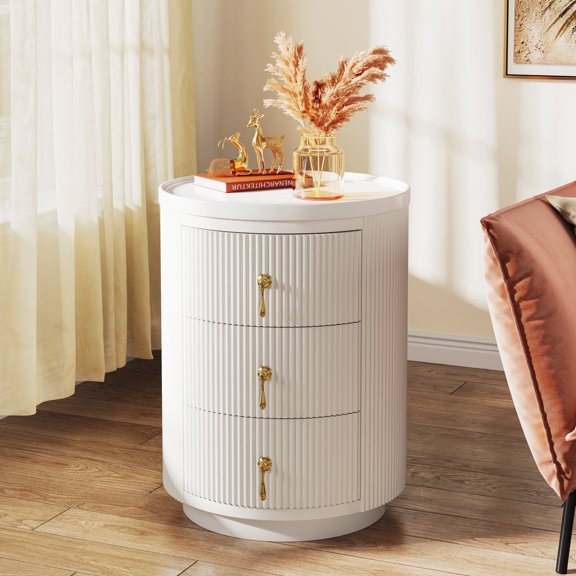 Tribesigns End Table with 3 Drawers, White Round Side Table for Living Room, Bedside Table NightStand for Bedroom with Storage, No Assembly