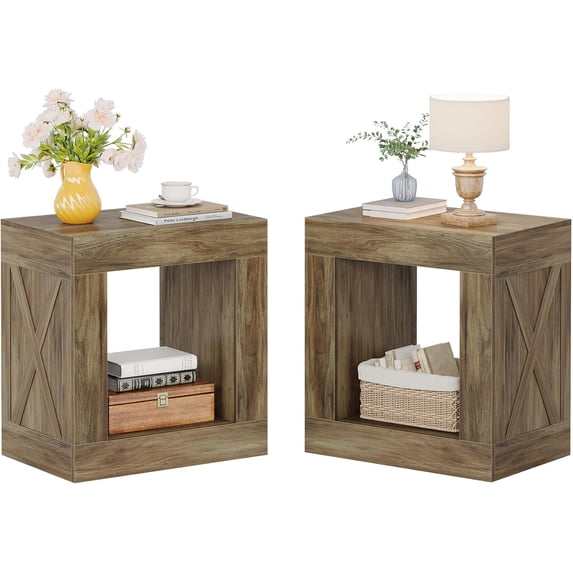 Tribesigns End Table with Storage, Wood Side Table for Living Room Bedroom, Farmhouse Small Accent Table with Open Shelf (Brown, 2PC)