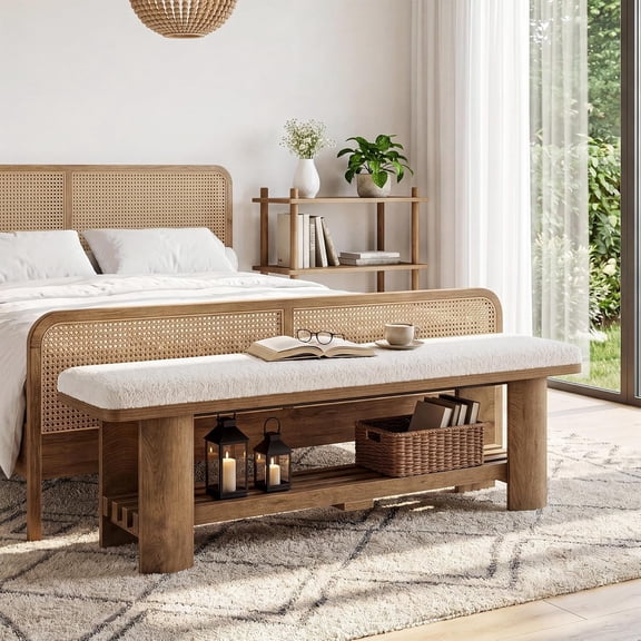 Tribesigns End of Bed Bench with Faux Lamb Wool Cushion, 62.9-Inch Wooden Upholstered Bedroom Bench