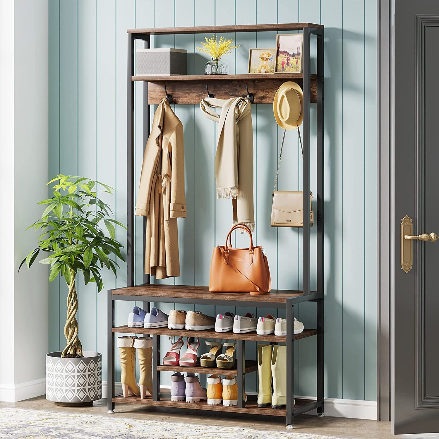Tribesigns Entryway Bench with Coat Rack 4 IN 1 Hall Tree with Shoe Rack Shoe Bench 4 Hanger Hooks and Storage Shelf for Entryway Hallway Rustic
