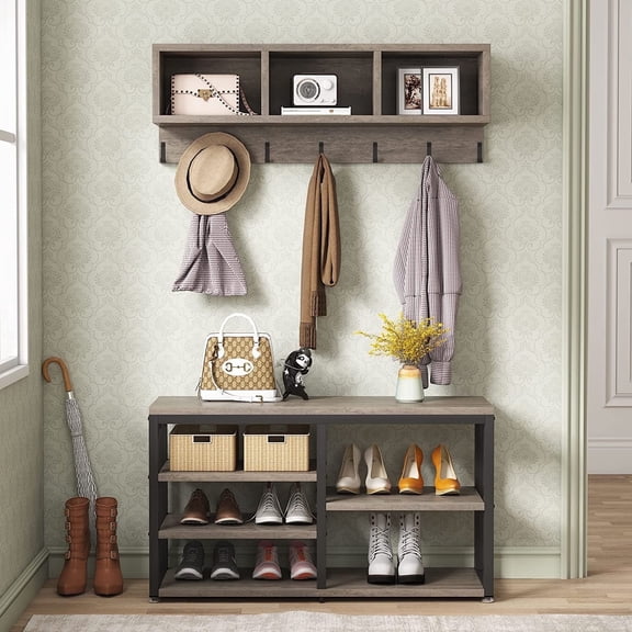Finmind Entryway Coat Racks with Shoe Storage Bench, Industrial Hall Tree with 3 Storage Cubbies and 7 Hooks for Entrance, Hallway, 5-in-1 Design, Vintage Grey