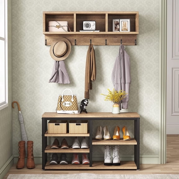 Finmind Entryway Coat Racks with Shoe Storage Bench, Industrial Hall Tree with 3 Storage Cubbies and 7 Hooks for Entrance, Hallway, 5-in-1 Design, Vintage Oak