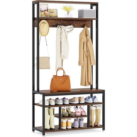 Tribesigns Entryway Hall Tree with Bench and Shoe Storage, Industrial Mudroom Shoe Bench with Coat Shoe Rack for Hallway (Rustic Brown)
