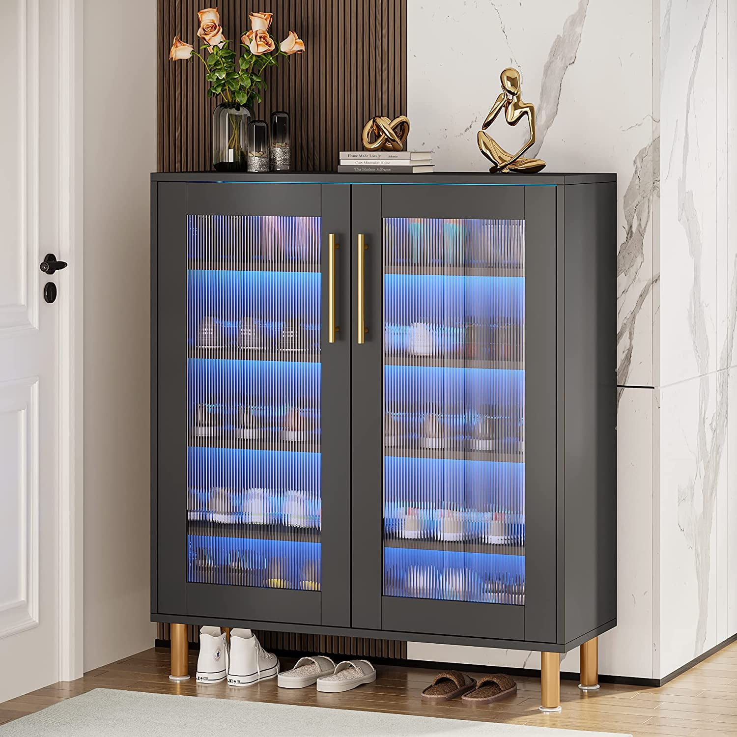 Nordic Gray Shoe Cabinet 3/4-Door Slim Shoe Organizer Adjustable Shelves in  Large