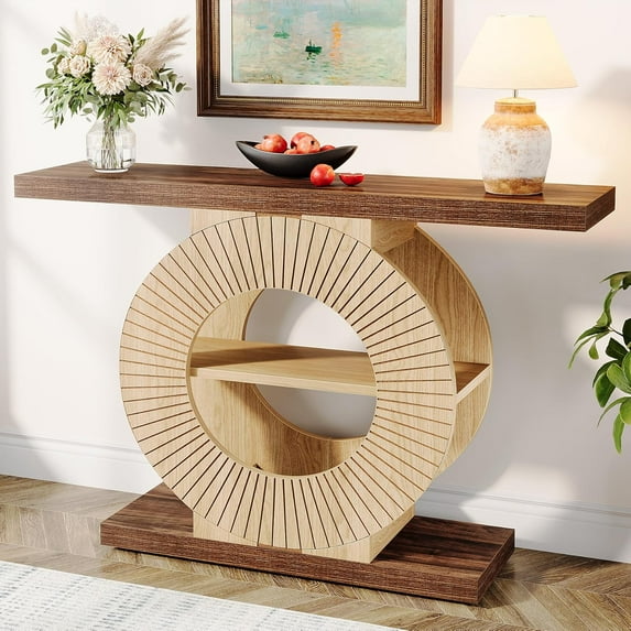 Tribesigns Entryway Table with Storage, Wood Console Table for Living Room Entryway, 39.3-Inch Sofa Table Small Accent Hallway Table with Shelves and Circle Base