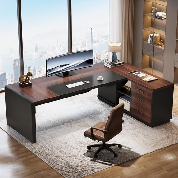 Finmind Executive Desk: 80'' L-Shaped Office Table with 55'' Cabinet, Large Workspace with Storage Drawers & Shelves, Sturdy Business Furniture for Home Office, Walnut & Black