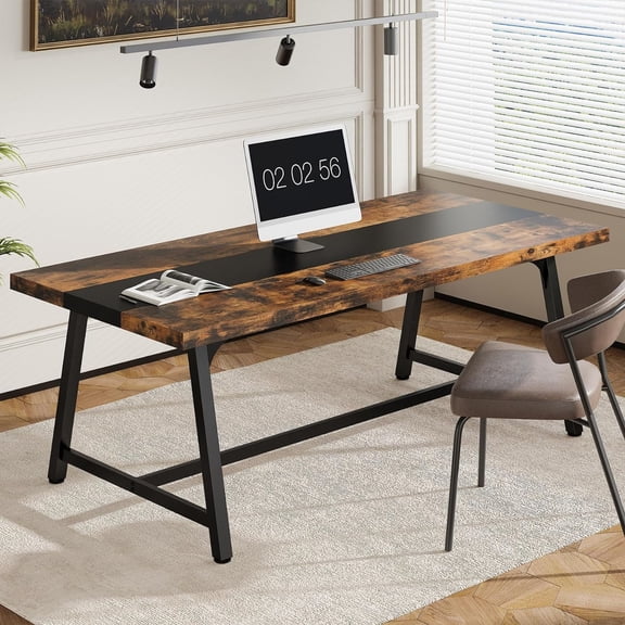 Finmind Executive Office Desk, Large Workspace, Modern Adult Writing Table, 70.87" L x 33.46" W x 29.92" H (Rustic Brown & Black)