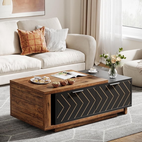 Tribesigns Extendable Coffee Table with 2 Storage Drawers, Dual-Tone Center Table with Sliding Tabletop, Multi-functional Hidden Storage Wooden Rectangle Cocktail Table for Living Room, Brown & Black