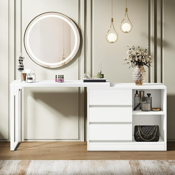 Tribesigns Extendable Vanity Desk with 3 Drawers and 2 Shelves, White Small Makeup Vanity Table with Reversible Storage Cabinet, Modern White Corner Dressing Table for Bedroom, Makeup Room